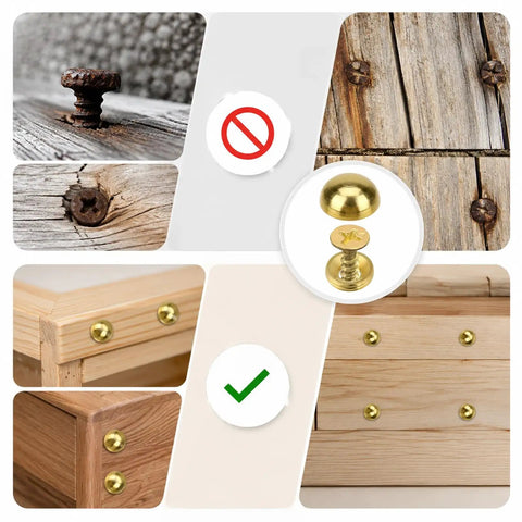 Hella Durable Gold Brass Decorative Screws With Rust Resistant Caps For Super Easy Furniture Upholstery and Mirror Mounting shown in various uses.