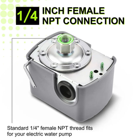 Water Pressure Switch For Well Pump Control 40 To 60 PSI Adjustable Low Pressure Cut Off with 1/4 Inch Female NPT.