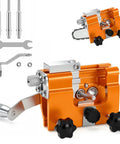 Manual Chain Saw Sharpener Kit With Hand Crank Portable Sharpener with accessories, showing grinding mechanism and clamping fixtures.