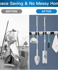 Comparison of cluttered cleaning tools versus organized tools on Broom And Mop Holder Wall Mount With Five Slots And Four Hooks Self Adhesive Stainless Steel Organizer For Garage Laundry Kitchen Pantry And Garden Tools Space Saving Wall Rack.