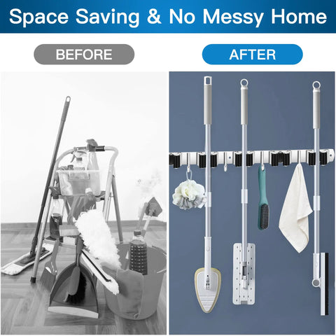 Comparison of cluttered cleaning tools versus organized tools on Broom And Mop Holder Wall Mount With Five Slots And Four Hooks Self Adhesive Stainless Steel Organizer For Garage Laundry Kitchen Pantry And Garden Tools Space Saving Wall Rack.
