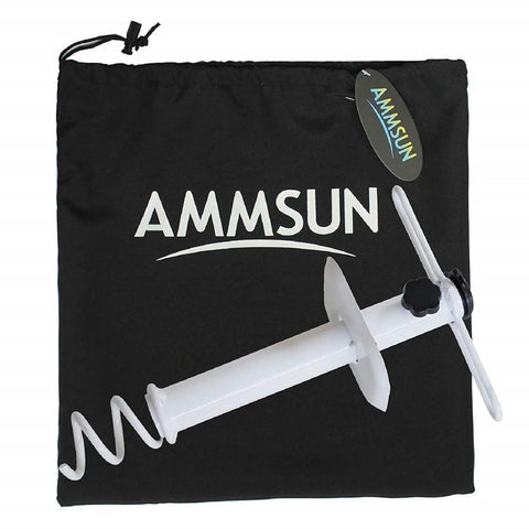 Heavy Duty Beach Umbrella Sand Anchor Ground Screw Auger With Carry Bag Universal Fit For High Winds And Sun Protection Keeps Umbrella From Blowing Away Metal Construction White next to branded carry bag.