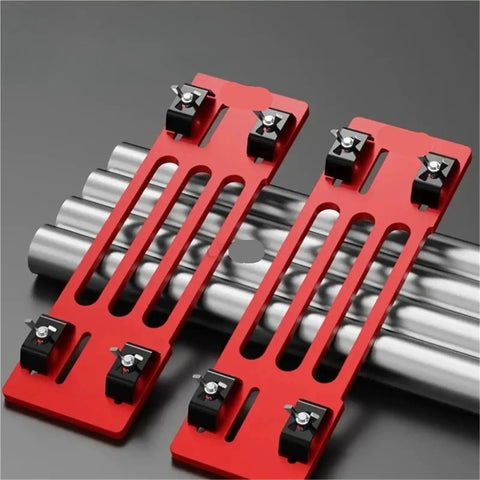 Heavy Duty Adjustable Circular Saw Guide Base Plate Aluminum Universal Rail For Electric Power Saws Dead On Straight Cuts showing red aluminum guide plates.