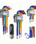 Rainbow Hex Key Set With Ball End And Torx 37-Piece Foldable Allen Wrenches, color coded handles displayed in gray holders