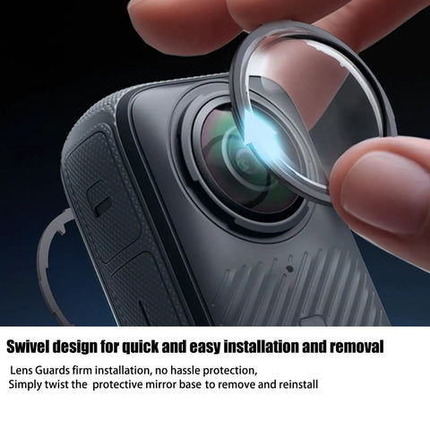 Close-up of Tough As Nails Lens Guards For X4 Action Camera With Tempered Glass Protectors being installed on camera lens