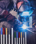 Welder using Gold Tip Lanthanated TIG Tungsten Electrodes 1.6mm X 175mm for smooth welds on metal, shown with electrode set.