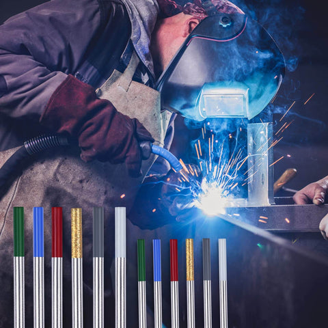 Welder using Gold Tip Lanthanated TIG Tungsten Electrodes 1.6mm X 175mm for smooth welds on metal, shown with electrode set.