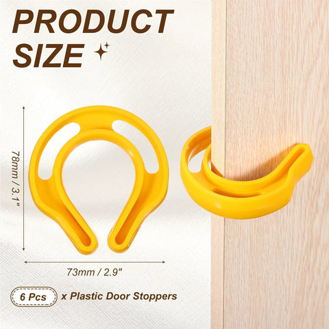 Six Pack Door Pinch Guard and Slam Stopper Set Durable Plastic Door Deterrent Keeps Fingers Safe Perfect for Slamming Doors Pets and Locked Rooms 3.1x2.9 Inch Yellow shown against door edge