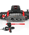 Front view of the Beefed Up Heavy Duty 13500 Pound Electric Winch For Off Road Recovery with aerospace aluminum fairlead and wireless remote.