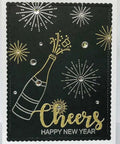 New Year card with champagne and fireworks design using Wine Glass Clear Stamp And Die Set For Card Making And DIY Embossing.