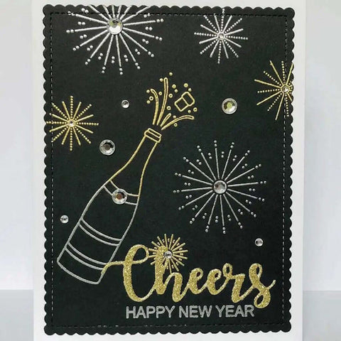 New Year card with champagne and fireworks design using Wine Glass Clear Stamp And Die Set For Card Making And DIY Embossing.