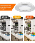 Lit 12V RV LED Puck Lights Recessed Ceiling and Cabinet Lighting 2.8 Inch Chrome Shell Cool White Dimmable Interior Lights Pack of 10 for Kitchen RV Caravan Boat Automotive showcasing light effects at different CRI levels.