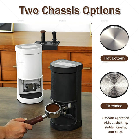 Electric Coffee Tamper 58mm Automatic Tamping Station With Touchscreen Controls and Rock Solid Build, featuring black and white chassis options.