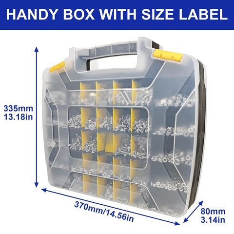 1800 Piece Hardware Set With Stainless Steel Nuts Bolts Washers And Screws In A Double Sided Yellow Organizer Box Includes Phillips Pan Head And Flat Head Screws And SAE Size Variants For DIY Projects