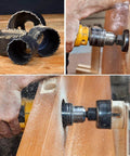 PETUOL 22-piece hole saw set with blades, mandrels and storage box; shown drilling and cutting wood surfaces