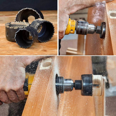 PETUOL 22-piece hole saw set with blades, mandrels and storage box; shown drilling and cutting wood surfaces