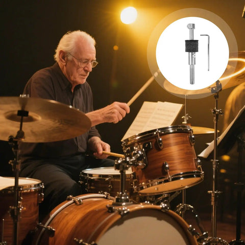 Premium Threaded Cymbal Stacker Mount Boom Arm With Sleeve Clutch For Electronic Drum Set shown with drummer and drum set.