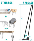 Diagram showing 22 Inch Hairpin Leg Set For Coffee Tables Desks Nightstands And More Heavy Duty Satin Black Metal Two Rod Legs 3 Eighth Inch Dia Mid Century Modern Style DIY Ready For Rustic Industrial Projects with dimensions and furniture examples.