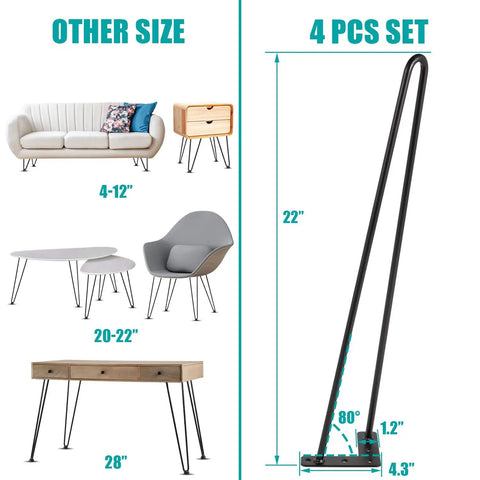 Diagram showing 22 Inch Hairpin Leg Set For Coffee Tables Desks Nightstands And More Heavy Duty Satin Black Metal Two Rod Legs 3 Eighth Inch Dia Mid Century Modern Style DIY Ready For Rustic Industrial Projects with dimensions and furniture examples.