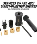 Shop Ready Pro Grade Fuel Injector Removal Tool Kit For VW And Audi 2.0T Engines showing components for injector service