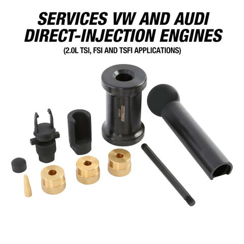 Shop Ready Pro Grade Fuel Injector Removal Tool Kit For VW And Audi 2.0T Engines showing components for injector service