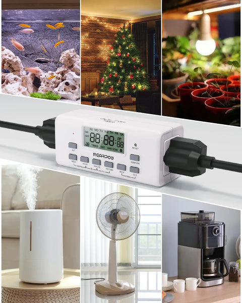 Dual Digital Timer Outlets Keep Your Daily Routine Smooth With A 7 Day Programmable Schedule Easy Manual Switches And Plug And Play Setup That Just Works Like A Dream, showcasing multiple devices including a fan, humidifier, and grow lights.