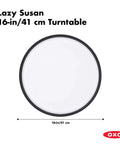 Top view of huge 16 inch lazy susan turntable with soft non slip lip and deep ledge, large base, showing diameter measurements.