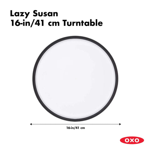Top view of huge 16 inch lazy susan turntable with soft non slip lip and deep ledge, large base, showing diameter measurements.