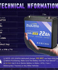 Lightweight 12V 22Ah LiFePO4 battery with LCD display and 30A BMS, compact design for outdoor adventures