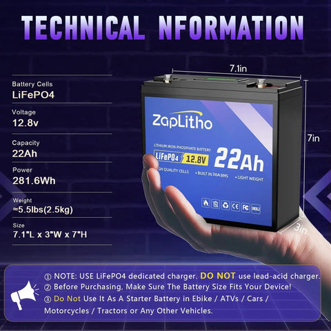 Lightweight 12V 22Ah LiFePO4 battery with LCD display and 30A BMS, compact design for outdoor adventures