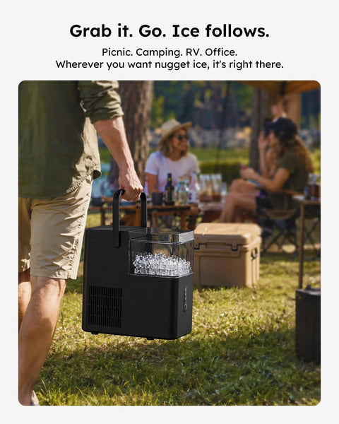 No Sweat Countertop Nugget Ice Maker With Easy Grip Handle Produces Up To 38 Pounds Of Chewable Ice Daily being carried outdoors.
