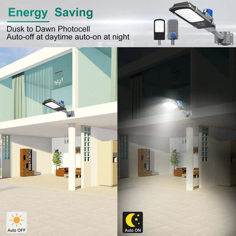 Outdoor scene with 35W LED Outdoor Street Light with Dusk to Dawn Photocell 5400 Lumens 6000K illuminating a yard façade.