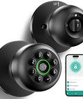 Smart Fingerprint Door Lock With Keypad And App Control 4 In 1 Biometric Door Knob With Passwords And Bluetooth Access Auto Lock Backup Key Keyless Entry For Bedroom Home Or Office Matte Black, showing keypad and smartphone app interface.