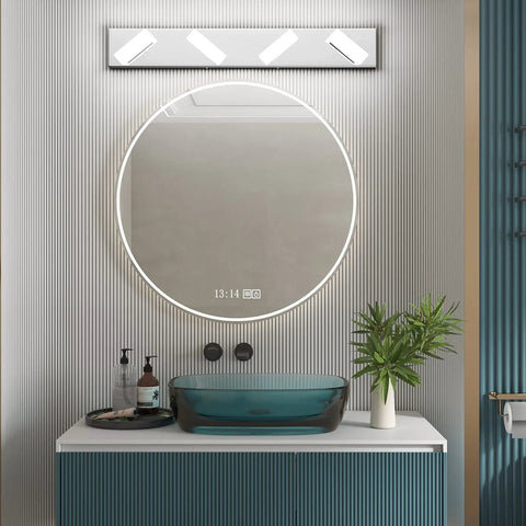 Dimmable LED Vanity Light Fixture Four Light Sleek Modern Bathroom Lighting 6000K Cool White above round mirror and sink