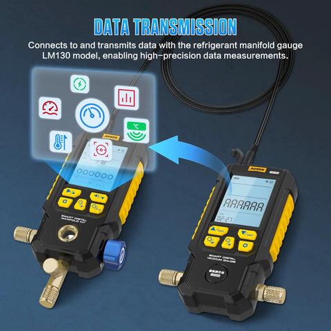 Digital Vacuum Gauge For HVAC With Leak Test And Evacuation Mode, 0-2000 mbar Range, Auto Evacuation For Moisture Removal, Real-Time Delta P Tracking, Four-Unit Display For Quick Pressure Checks with cable