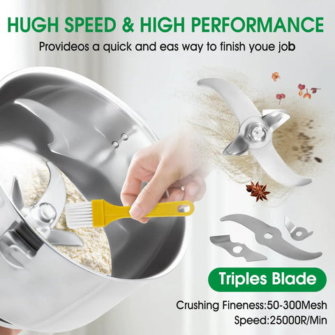 Heavy Duty 1000g Commercial Grain Grinder With 32000 RPM Electric Mill showcasing stainless steel blades and grinding process