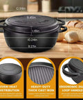 All In One Cast Iron Dutch Oven And Skillet Lid Pre Seasoned Heavy Duty Cookware For Bread Baking And Frying Camping BBQ