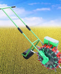 Corn Planter Seeder with Adjustable Depth for Precise Row Planting, hand-push roller in green and red on a field