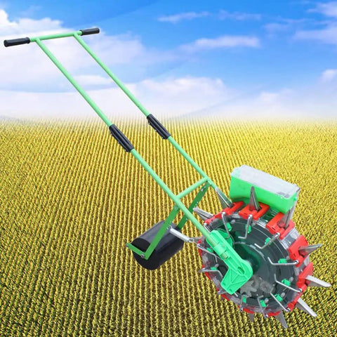 Corn Planter Seeder with Adjustable Depth for Precise Row Planting, hand-push roller in green and red on a field