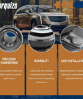 Illustration of precision-engineered front wheel bearing components with a car in the background highlighting durability and easy installation.