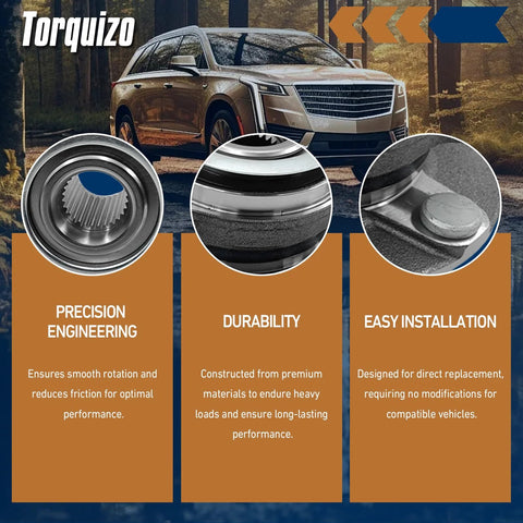 Illustration of precision-engineered front wheel bearing components with a car in the background highlighting durability and easy installation.