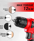 Red 8V Cordless Drill Set With 126-Piece Hand Tool Kit For Women, lightweight drill showing 12 N.m torque for wood and plastic