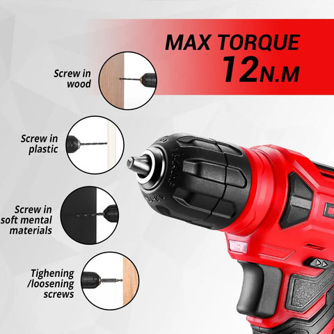 Red 8V Cordless Drill Set With 126-Piece Hand Tool Kit For Women, lightweight drill showing 12 N.m torque for wood and plastic