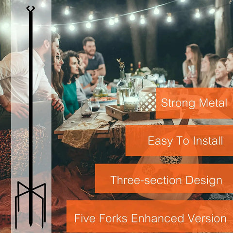 Outdoor String Light Pole With 5 Prong Fork Steel Pole for patio gatherings, showing an easy setup three-section design.