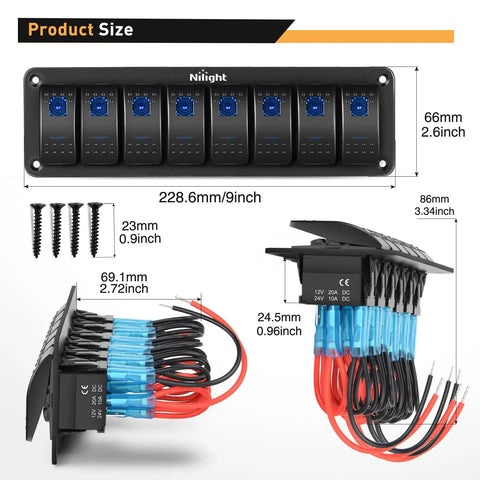 8 Gang Aluminum Rocker Switch Panel With Pre Wired Harness Blue Backlit 5 Pin On Off Dash Switch dimensions and wiring view