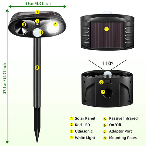 4 Pack Solar Ultrasonic Critter Repellent For Cats Raccoons Squirrels Rabbits And Foxes Outdoor Deterrent With Motion Sensor Waterproof Flashing Light Ideal For Garden And Yard, 37.5cm stake