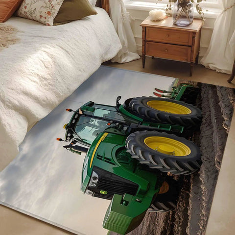 3x5 Machine Washable Farmhouse Rug For Living Room And Bedroom With Green Tractor Farm Decor in Rustic Country Style