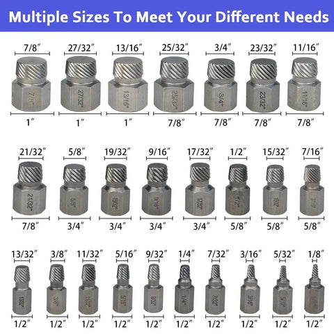 Image of 25 Piece Screw Extractor And Bolt Remover Set For Removing Broken Stripped And Frozen Screws And Bolts From One Eighth Inch To Seven Eighth Inch With Hex Head MultiSpline Design Pro Grade Easy Out Tool Kit For Quick Diy Repairs showing various sizes from 1/8 to 7/8 inches in a grid layout.
