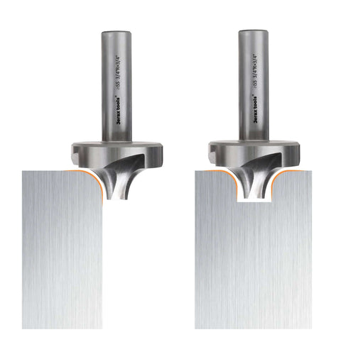 Jerax Tools HSS corner-rounding end mills (2 pcs) on metal blocks; sizes 1/16"–3/8"