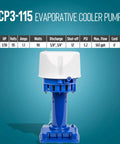 Built Tough 1/30 HP Evaporative Cooler Pump Delivers Smooth 563 GPH Flow with detailed specifications shown.